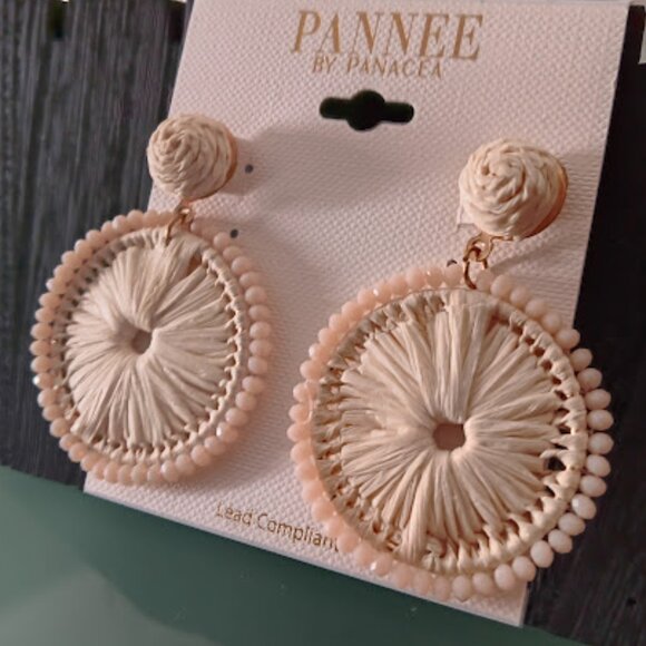 PANNEE By PANACEA Boho Chic Cream/Beige Rattan & Beaded Circle Drop Earrings~NEW - Picture 2 of 3